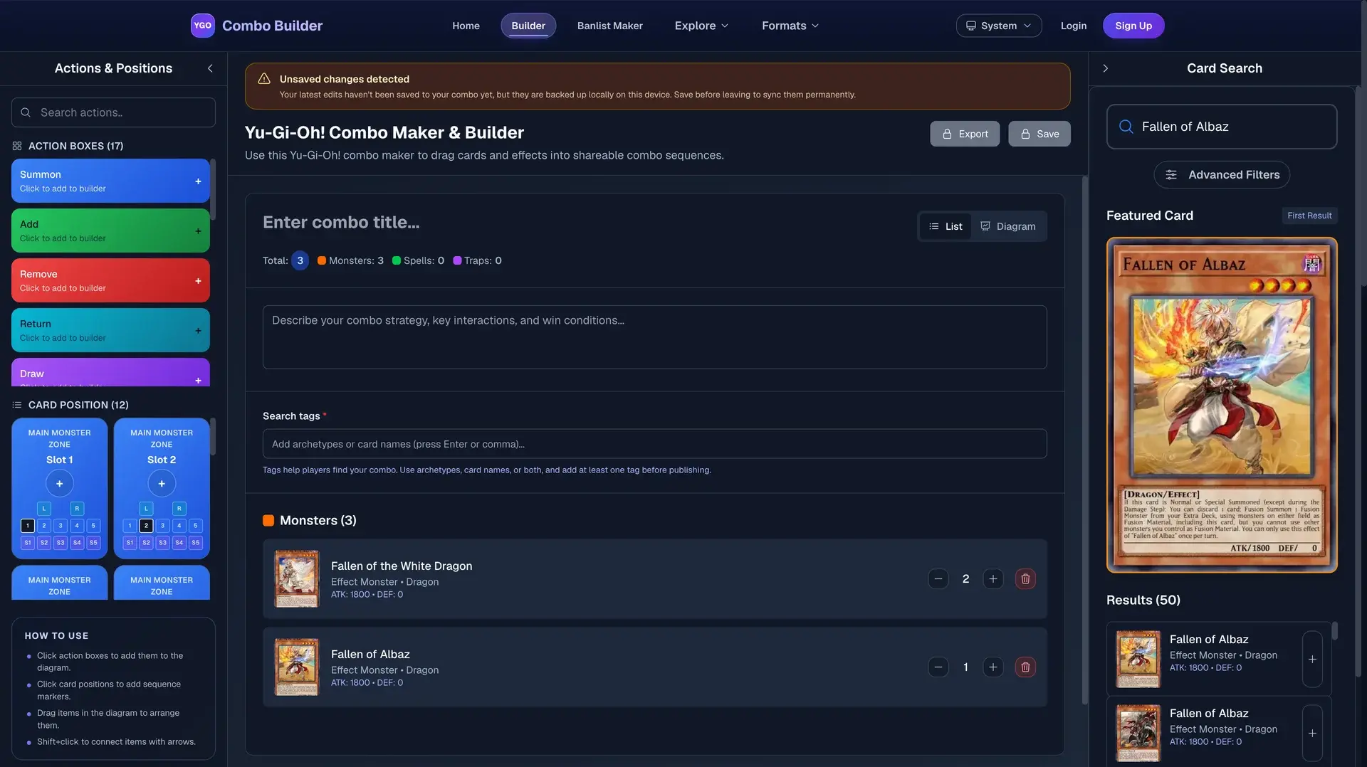 YGO Combo Builder combo editor with Branded-Fallen cards added to a combo line, showing Export and Save buttons