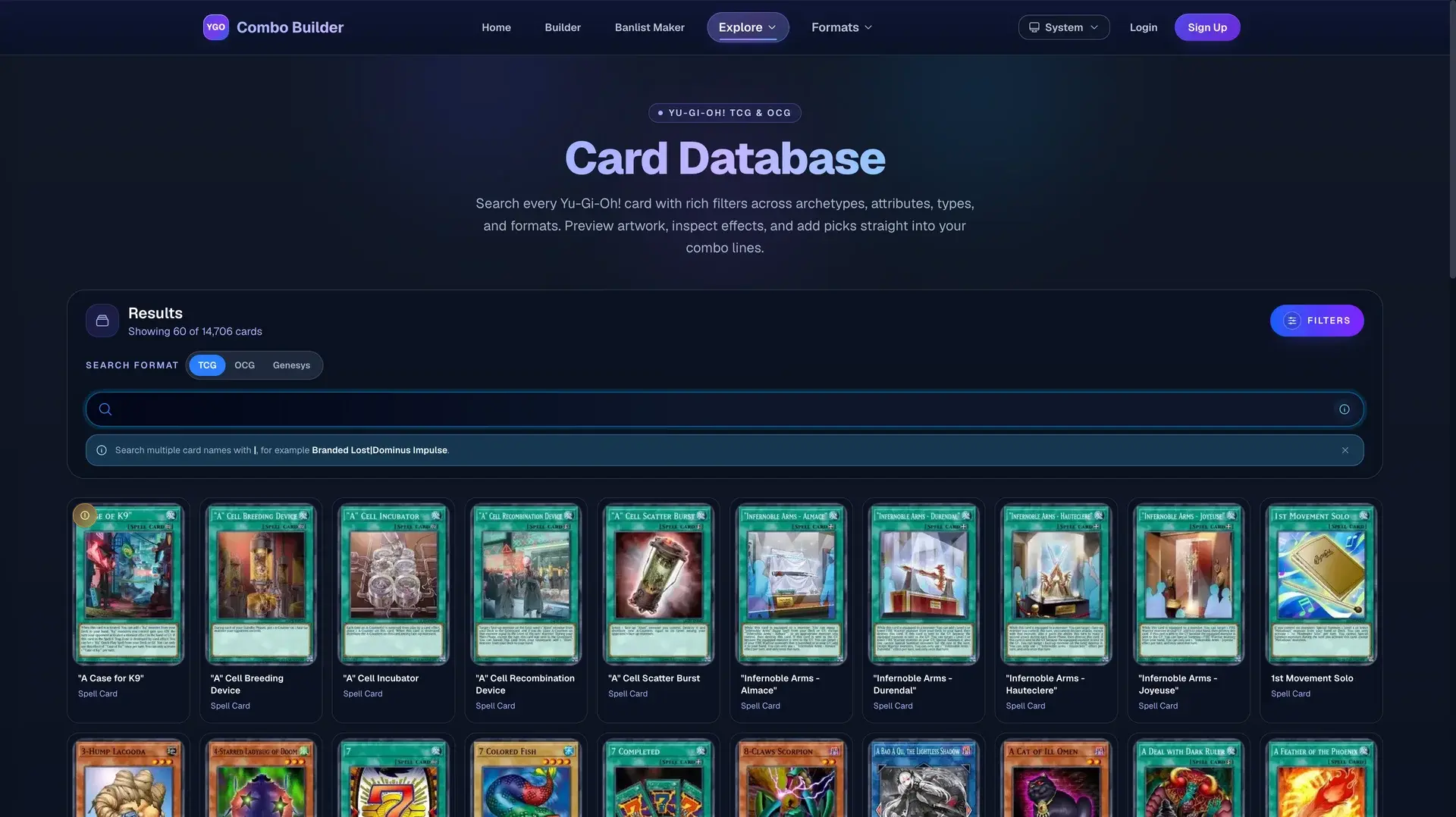 YGO Combo Builder card database showing 14,706 Yu-Gi-Oh! cards with TCG, OCG, and Genesys format tabs and a search bar